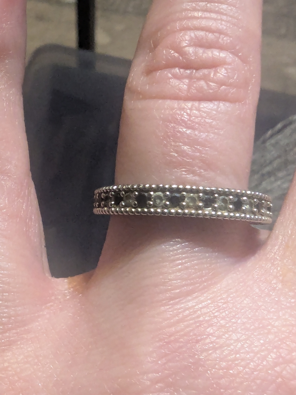 Sterling Silver Black Stone Beaded Edge Band Ring - Women